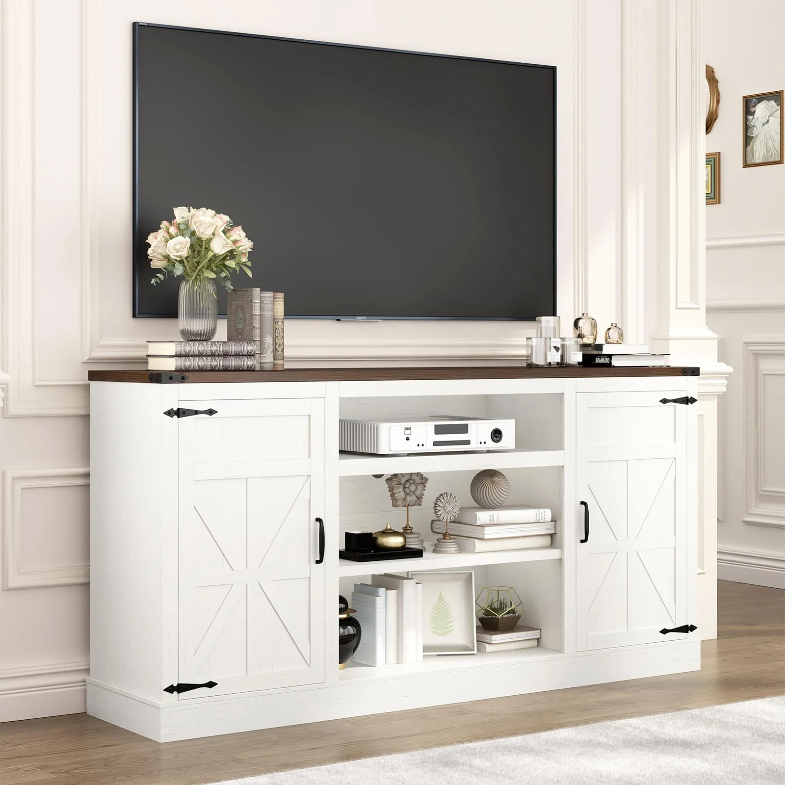 Chvans Farmhouse Barn Door TV Stand for up to 65 TVs /23 Electric Fireplace, Entertainment Center Console Table with Adjustable Shevles(58)