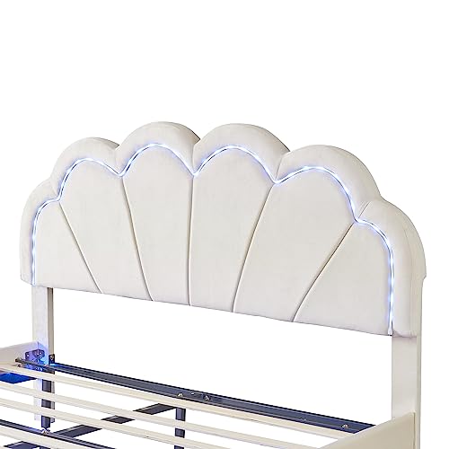 SOFTSEA 2-Pieces Full Bedroom Sets, 2 Pieces Furniture Bedroom Sets Include Full Size Upholstered LED Platform Bed and Storage Ottoman-Velvet, Beige
