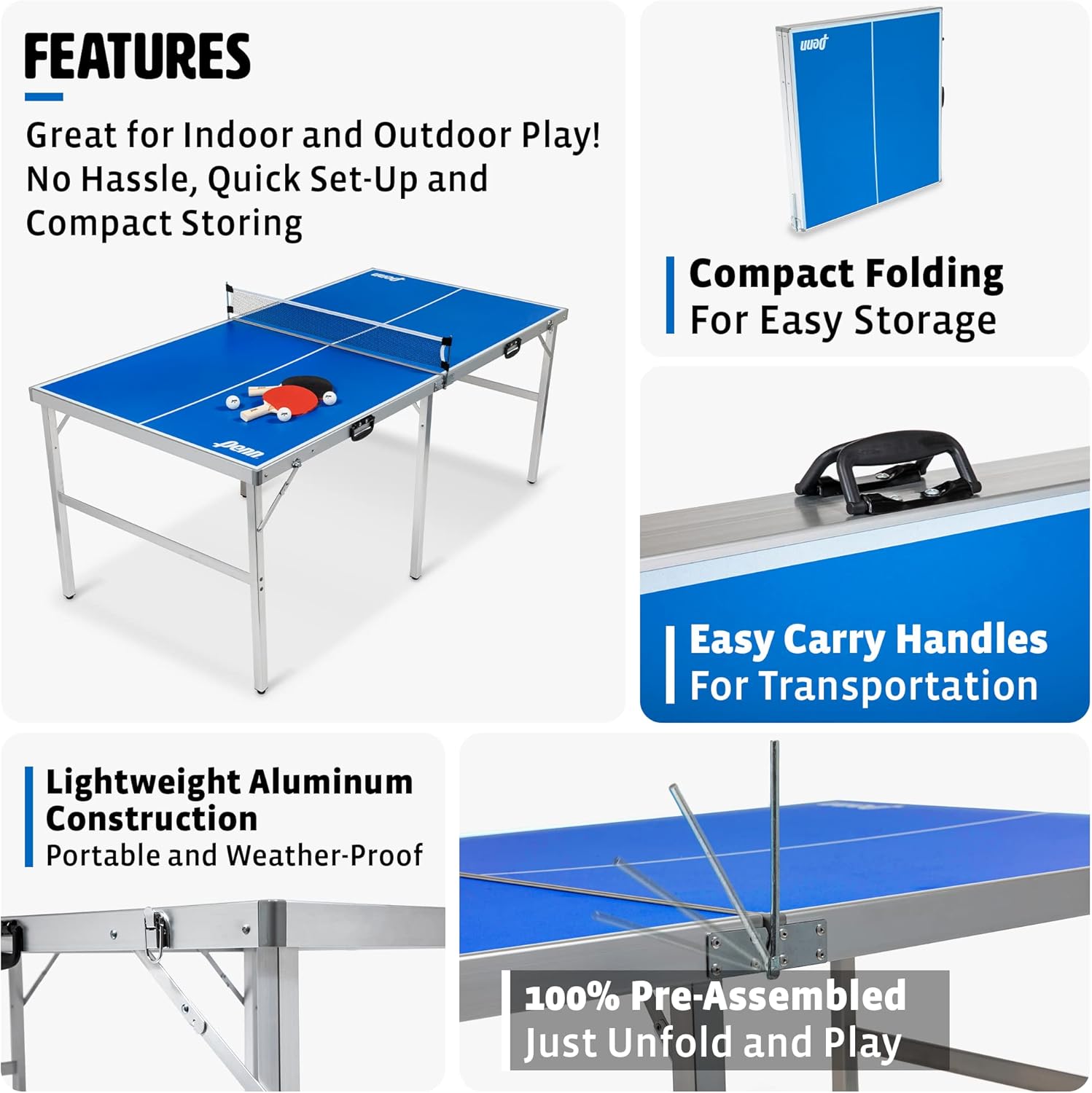 EastPoint Sports Penn Space Saver Table Tennis Table – Fully Assembled 6 Foot x 3 Foot Indoor/Outdoor Portable Table with Net, 2 Ping Pong Paddles and 4 Balls 10 Minute Set Up