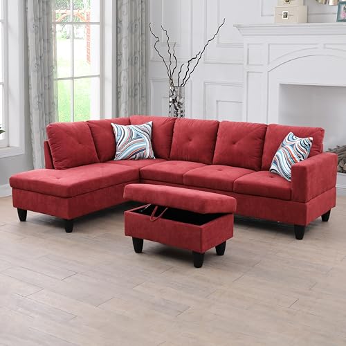 Red Flannelette 3-Piece Living Room Sofa Set (C+S)