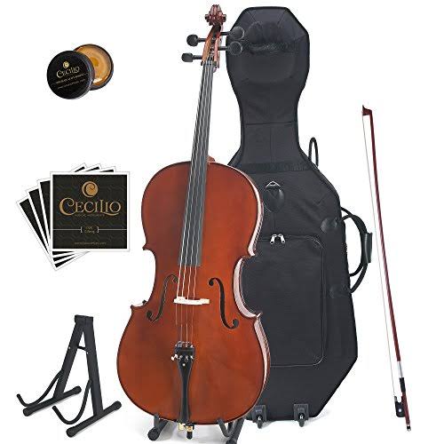 Cecilio Cco-500 Ebony Fitted Flamed Solid Wood Cello with Hard & Soft Case Stand Bow Rosin Bridge and Extra Set of Strings Size 1/2