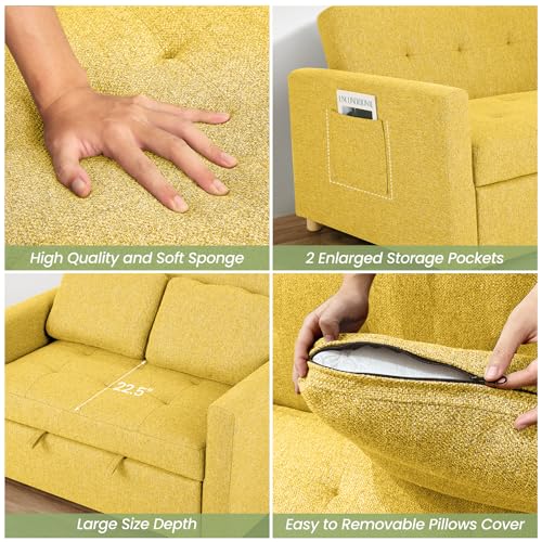 Convertible Sofa Bed, 3-in-1 Sleeper Sofa Pull Out Couch Bed, 2-Seater Linen Fabric Loveseat Futon Sofa with Spring Support, Adjustable Backrest for Small Spaces, Living Room, Navy Blue