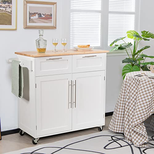 Topment Rolling Kitchen Island Cart Storage Trolley Multipurpose Serving Cart with Storage,Lockable Wheels,Towel Rack and Rubber Wood Top(White)