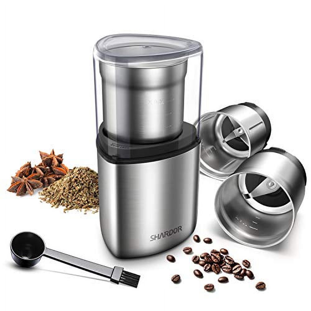 SHARDOR Electric Coffee Grinder, Spice Grinder, 2 Removable Bowls with Stainless Steel Blades, Silver