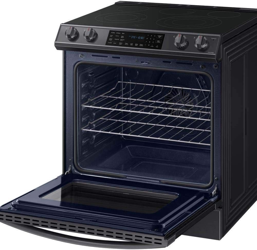 SAMSUNG 6.3 Cu Ft Smart Front Control Slide-In Electric Range Kitchen Stove w/ Air Fry, Convention+, Wi-Fi, Large Oven Capacity, NE63T8511SG/AA, Fingerprint Resistant Stainless Steel, Black