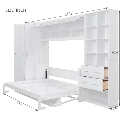 KLMM Wooden Murphy Bed Wall Bed with 2 Wardrobe and Storage Shelf,Foldable Platform Bedframe for Guest-Room Bedroom Study Office Use (White#E, Full)