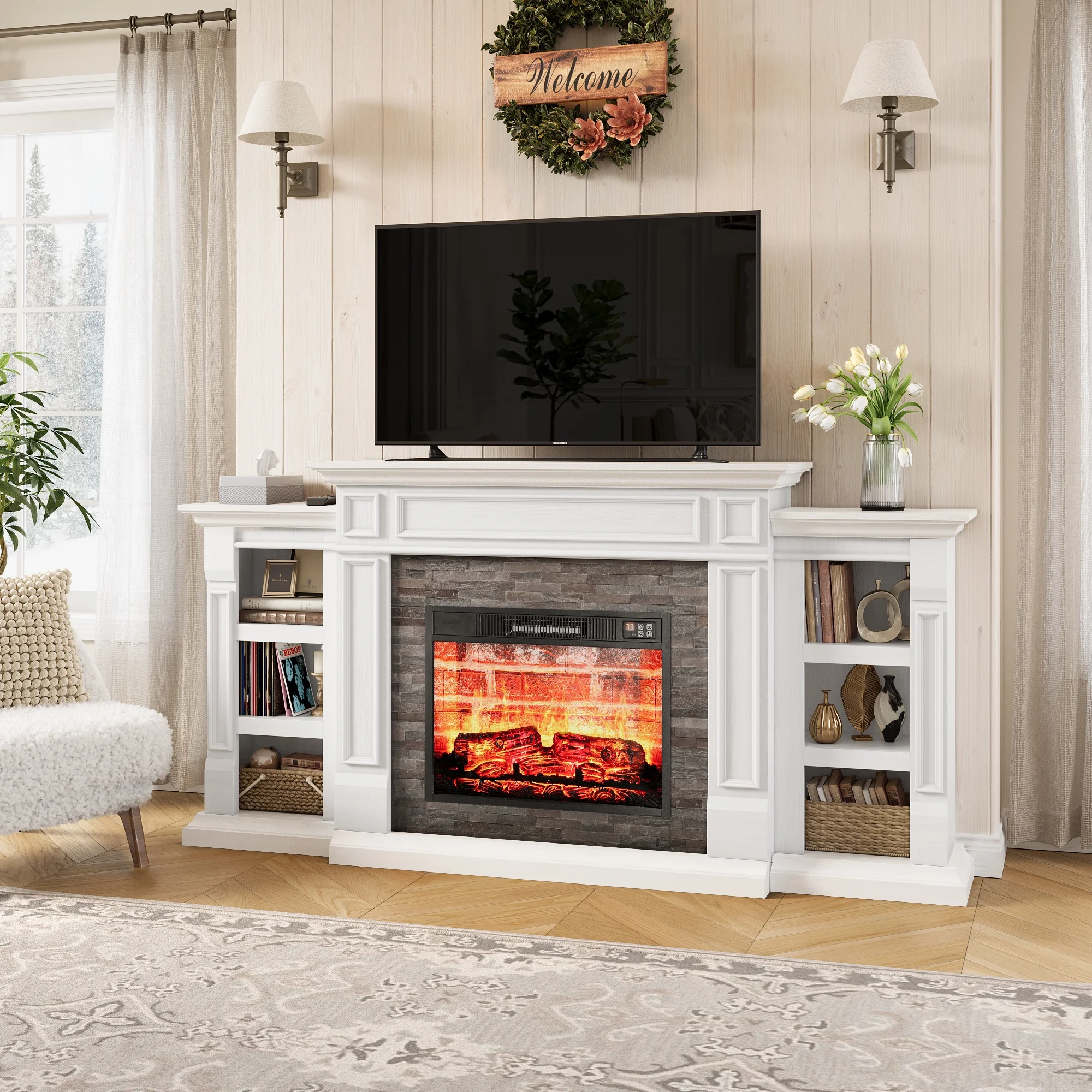 Relefree 70" Electric Fireplace with Mantel, Farmhouse TV Stand For TVs up to 80" with Remote Control, White - Curated Treasures Market
