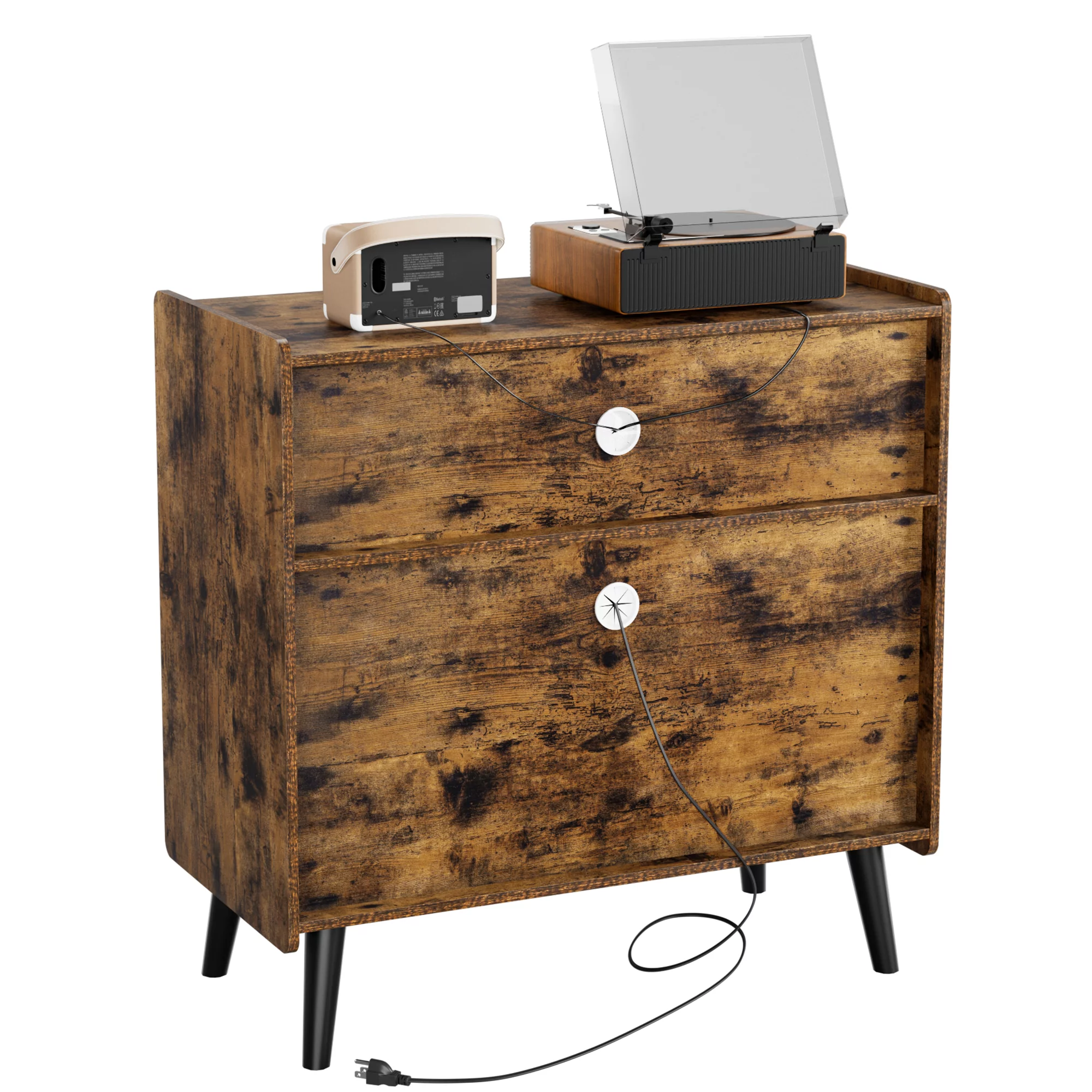 Luxmo Record Player Stand with Vinyl Storage, Vinyl Record storage Cabinet with Charging Station, Turntable Stand Record Table Display with Wood Legs for Bedroom Living Room