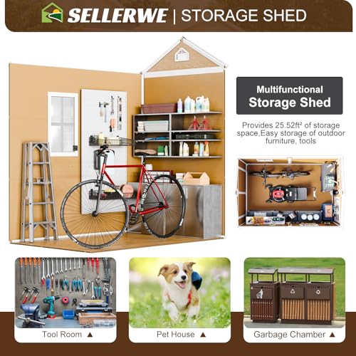 8x6x7 FT Resin Storage Shed, Waterproof Outdoor Storage Shed w/Floor, 2 Windows, Double Lockable Doors & Vents, Tool Shed for Patio Garden, Lawn, Backyard, Dove Grey