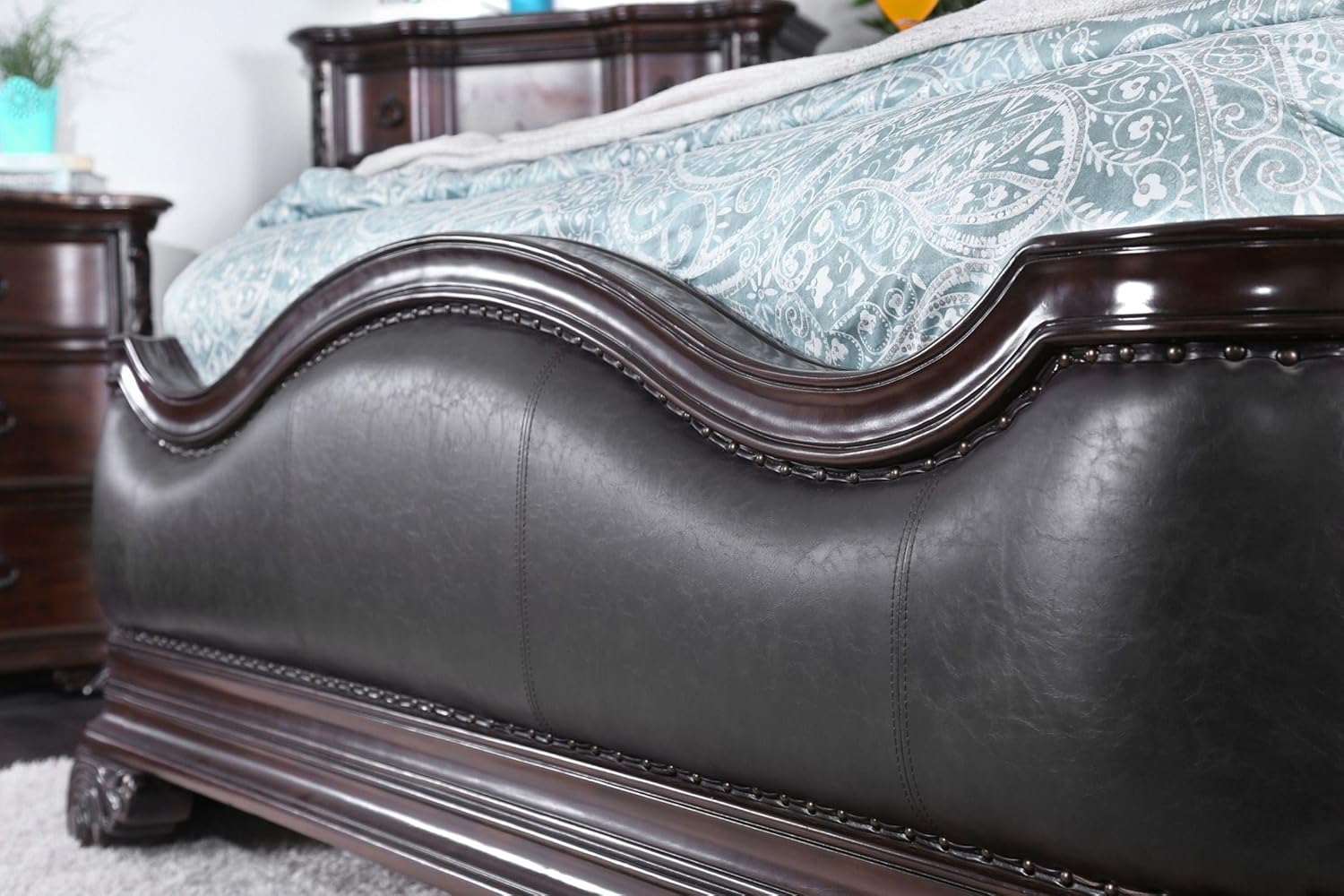 Arcturus Collection Traditional Luxurious Wingback Design Leatherette Eastern King Size Bed Genuine Marble Top Dresser Nightstand Mirror 4pc Set Brown Cherry Finish
