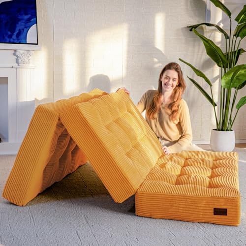 MAXYOYO Tri-Fold Mattress, 6 Inch Tufted Folding Mattress Full Foam Bed, Foldable Floor Mattress Guest Bed Mattress Topper Portable Camping Sleeping Bed with Corded Fabric, Black, 53"x75"