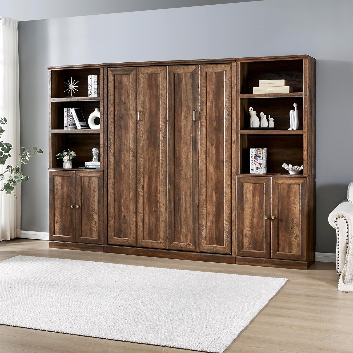 Full Size Murphy Bed with 2 Side Cabinet Storage Shelf, Wood Foldable Bedframe Wallbed for Bedroom Living Room, Space-Saving Design, Brown