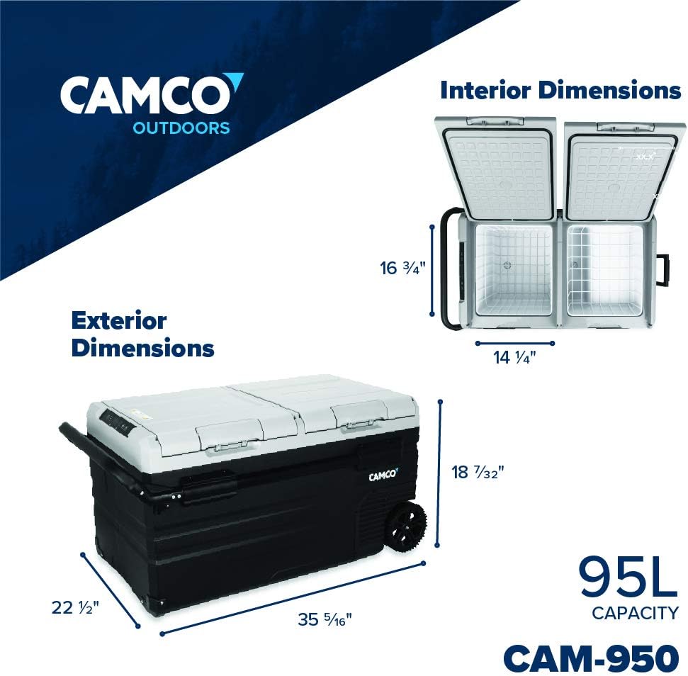 Camco 51522 CAM-950 Portable Refrigerator, AC 110V/DC 12V Compact Fridge/Freezer with Dual Zone Cooling, 95-Liter - Keeps Food and Drinks Cold While On-the-Go - Ideal for Road Trips, RVing, Camping, B