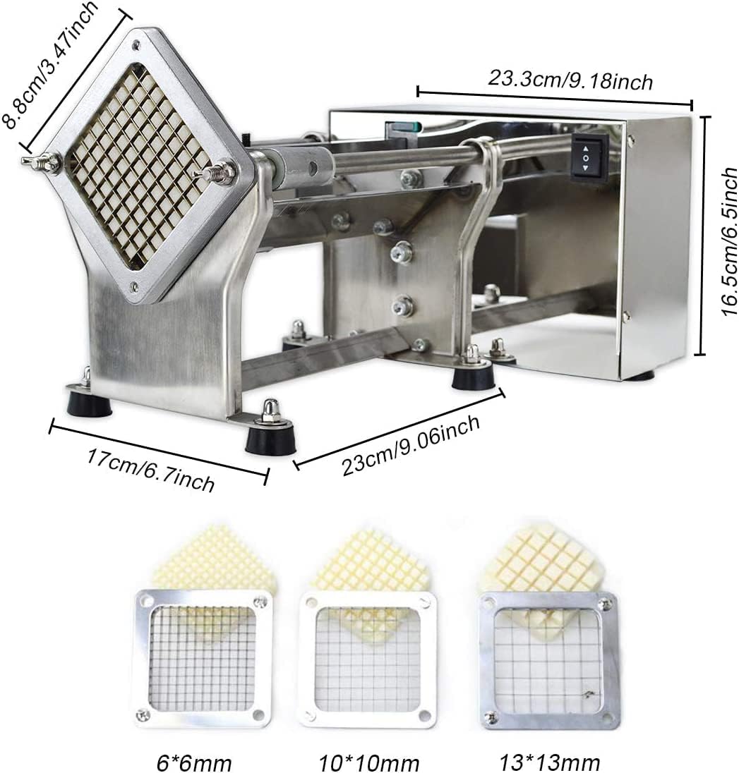 Electric French Fry Cutter Automatic Potato Chip Cutter Commercial French Fries Chips Maker Stainless Steel Electric Potato Slicer with 6mm 9mm 13mm Blade