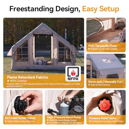 Inflatable Camping Tent with Pump,4-6 Person Waterproof Blow Up Air Tent for Camping Hiking,Easy to Set Up 4-Season Inflatable House Tent with Oversized Canopy.