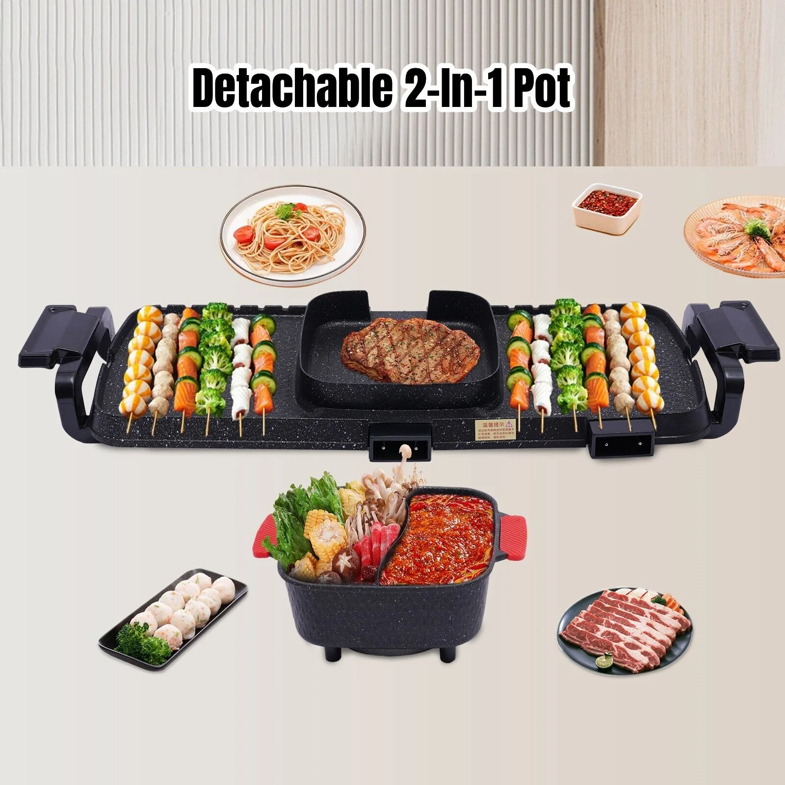 Miumaeov 2 In 1 Grill and Hot Pot Combo Countertop Hot Pot with Grill Cooker with Dual Temperature Control 5 Gear Temperature Adjustable Multi-Functional Korean BBQ Teppanyaki Grill and Hot Pot