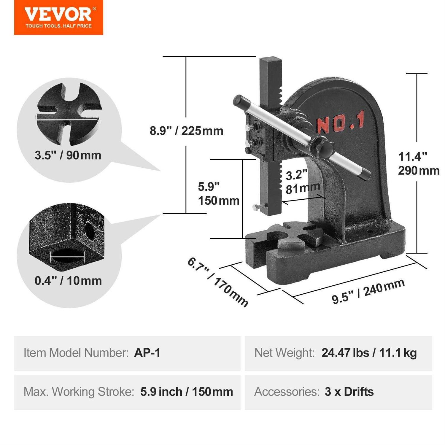 VEVOR Arbor Press 1 Ton Manual Arbor Press 5.9 Maximum Height Cast Iron Heavy-duty Manual Arbor Press - Shop Hardware Tools Online Store
