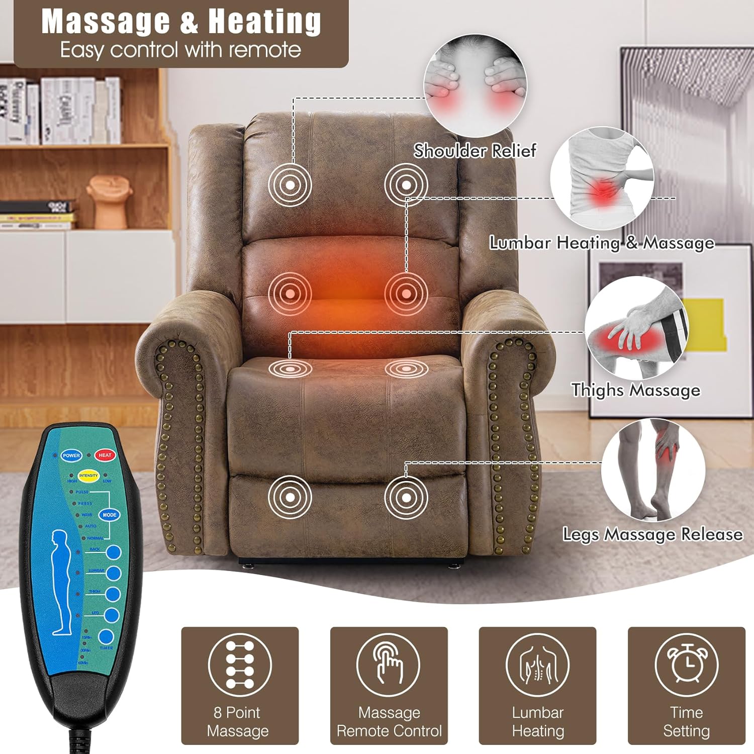 Lay Flat Dual Motor Power Lift Recliner Chair with Massage and Heat for Elderly, Breathable Leather Overstuffed Lift Chairs, Infinite Position Recliner Chairs for Sleeping, 1PC, Light Brown