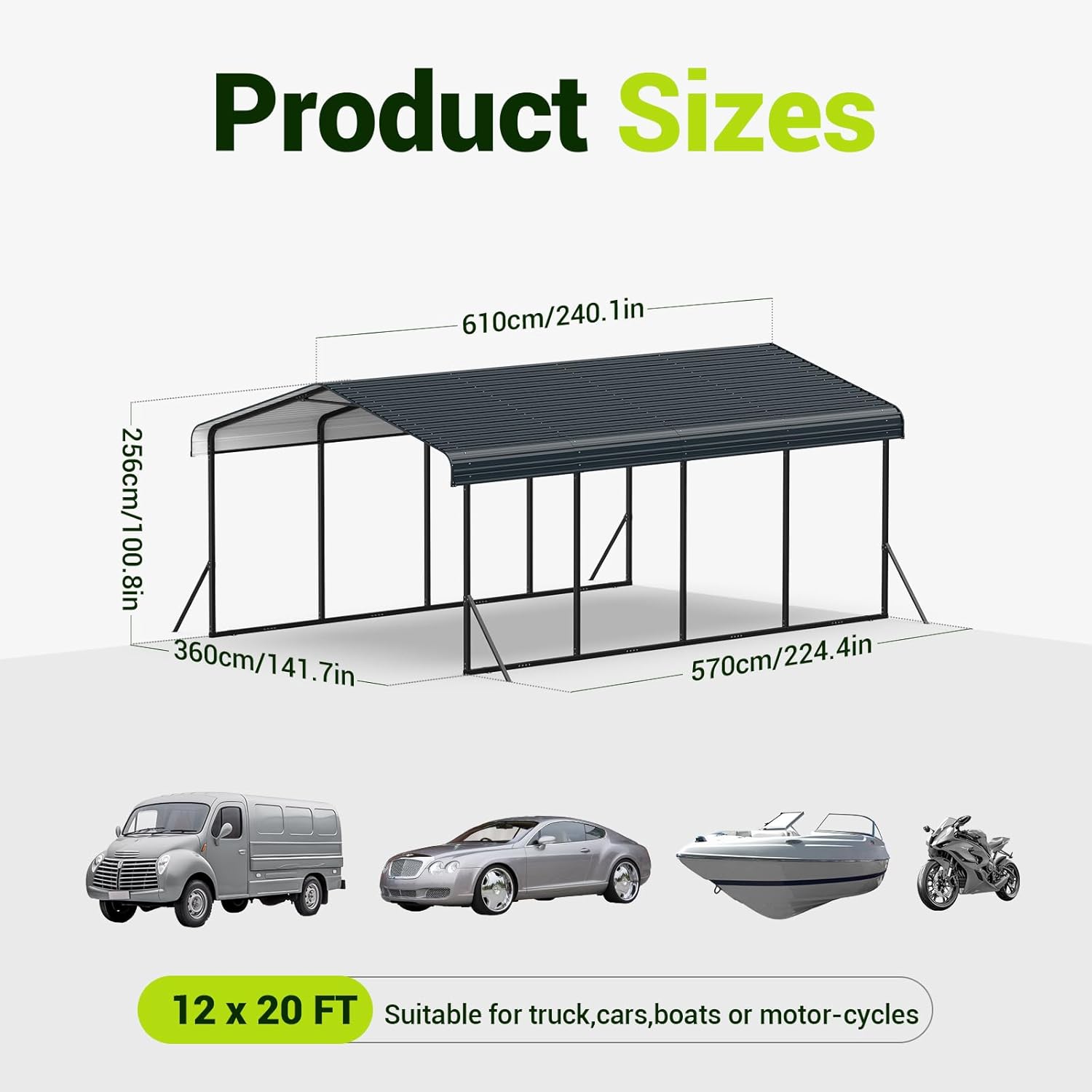 12x20 FT Metal Carport Heavy Duty for Snow, Car Ports 12x20 with Reinforced Slanted Support Legs, Thicker Frame Garage Shelter Shed for Pickup, Boats, Cars, Truck and Tractors