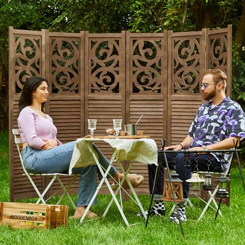 Room Divider Wood Carved Wall Divider Indoor Folding Portable Partition Screen for Home Office Garden Terrace - 6 Panel, 67 * 90inch (Dark Brown)