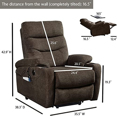 Lift Recliner Chair for Elderly,Power Vibration Massage Heated Arm Chair 2 Cup Holders,USB Charge Port,Fabric Single Sofa Seat Chair with 2 Side Pockets,Ergonomic Lounge Chair for Living Room (Brown)