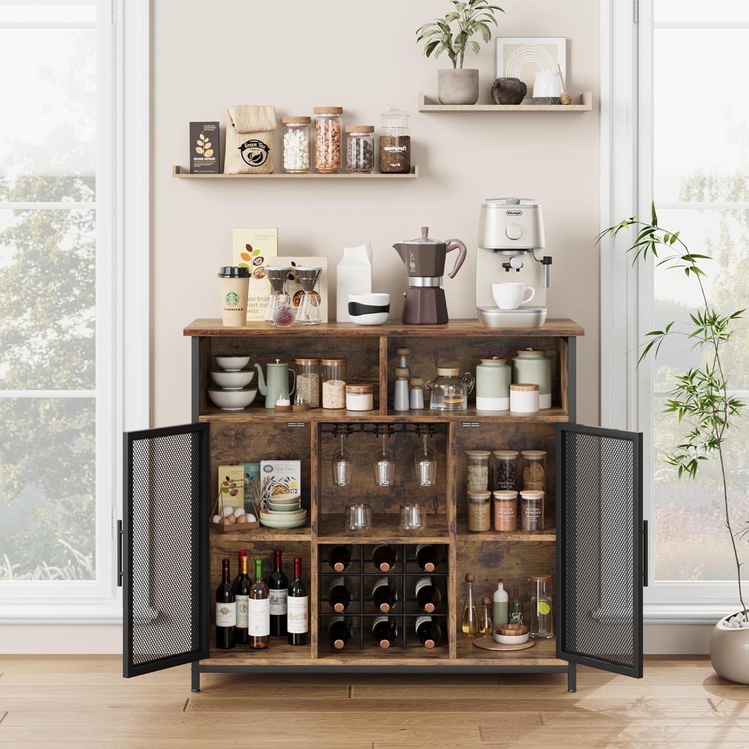 GAOMON Coffee Bar Cabinet, Industrial Buffet Storage Cabinet with Mesh Doors and Adjustable Shelves, Sideboard Buffet Table for Kitchen Living Dining Room, Rustic Brown