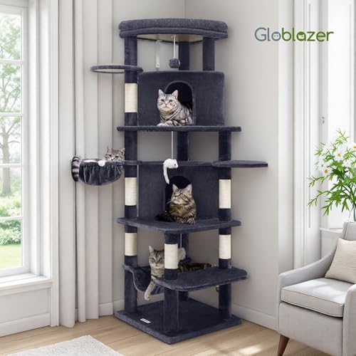 Globlazer Corner Cat Tree for Large Cats, 66inch Tall Curved Series Large Cat Tower for Multiple Indoor Cats with 6 Scratching Posts, 2 Spacious Cat Condos, Hammock, Hanging Basket, C66, Beige