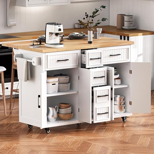 56.5" Rolling Kitchen Island with Storage on Wheels, Kitchen Cart with Drop Leaf & Power Outlet, Portable Island Table with 4 Doors, 5 Drawers, Spice Rack and Towel Bar for Dinning Room, Black
