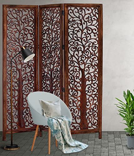 Room Divider Wood Screen - Ghanti Bells Antique Brown - 4 Panel Folding 72 x 80 - Assembled Hand Carved Decorative Functional Versatile Portable Partition Reversible Privacy Boho - COTTON CRAFT