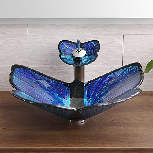 Bathroom Vessel Sink, Tempered Glass Vessel Butterfly Sink Artistic Top Mount Installation Bathroom Sinks with Pop Up Drain Waterfall Faucet,Blue