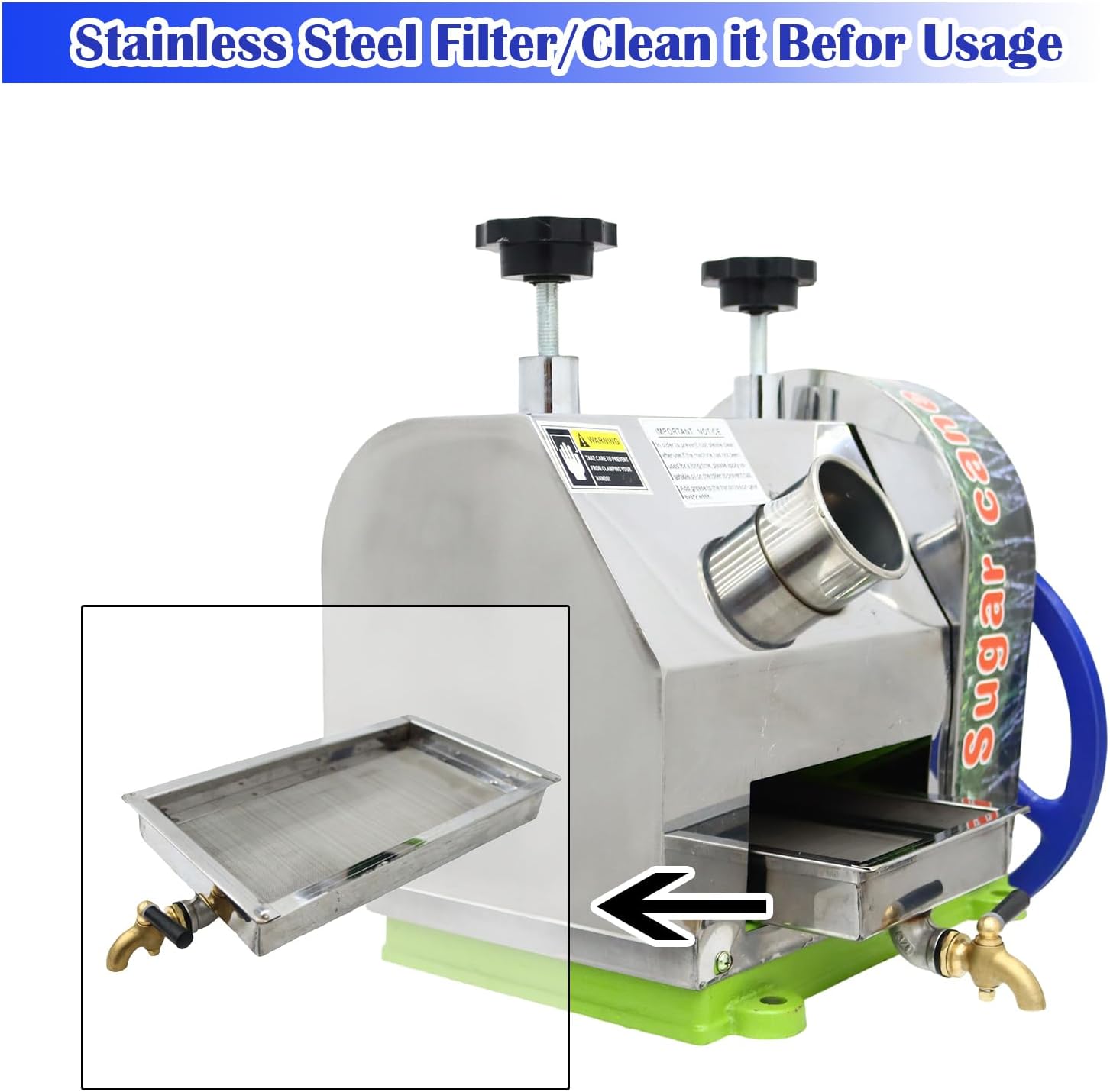 INTBUYING Manual Sugarcane Juicer Sugarcane Press Machine Sugarcane Juice Extractor W/3 Rollers for Sugar Cane Squeezer Juicer Machine 2 Paring Knives Stainless Steel Filter Faucet Handwheel