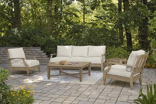 Signature Design by Ashley Carter Hall Outdoor Eucalyptus Patio Sofa with Cushion, Beige