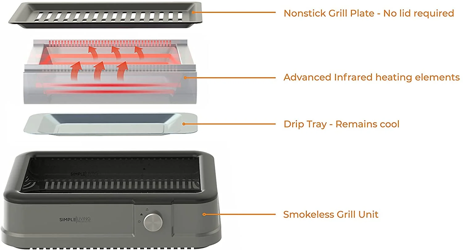 Simple Living Infrared Electric Indoor Smokeless Grill  Non Stick Ceramic 8x14" Grilling Surface  Consistent 446?F Temperature  BBQ Char Grilled Results with Virtually ZERO SMOKE