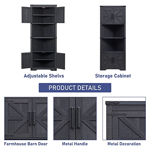 JXQTLINGMU Farmhouse Corner Cabinet, Tall Corner Bathroom Storage Cabinet with Barn Door Design & Adjustable Shelves, for Laundry Room, Living Room, kitchen,(Black)