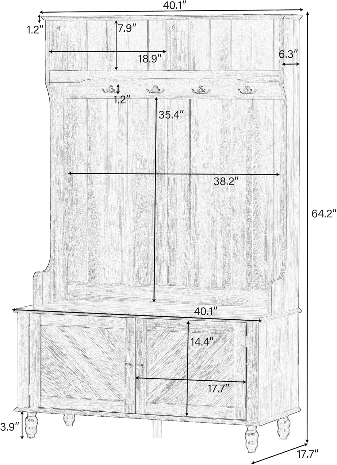 1 Hall Tree, Multifunctional Entryway Bench with 4 Hooks & Shoe Cabinet, Top Open Shelf, Solid Wood Frame and Anti-Tip Design, Ider for Hallway, Living Room, Bedroom, Brown