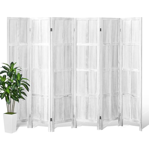 Wood Room Divider 4 Panel, 5.6 FT Tall Room Divider and Folding Privacy Screen, Partition Divider for Room Separation, Wooden Wall Divider Screen for Home Office Bedroom (Retro White)