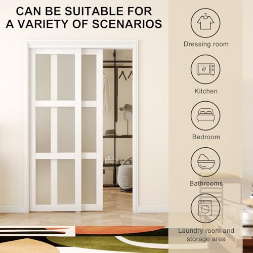 Double Sliding Closet Door, 96" × 80"(Double 48" × 80"), Double Frosted 5 Panel Glass Sliding Door, Hardware Include, Pre-Drilled Door Panel Need to Assemble, MDF, White