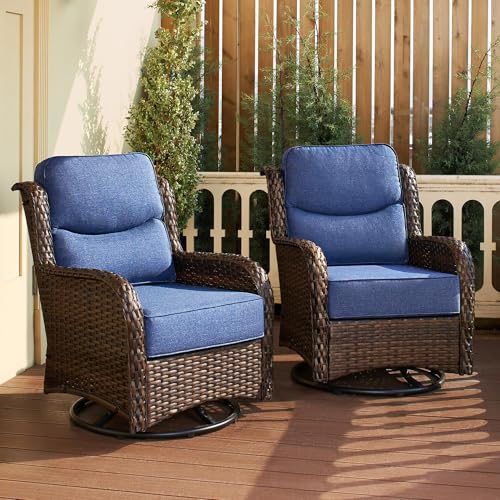 Luxury Patio Furniture Set with 6-inch Thick Cushion, Outdoor Couch and High Back Swivel Rocker Patio Chairs, 7PCS Wicker Conversation Set for Deck, Yard, and Poolside in Blue (V2)