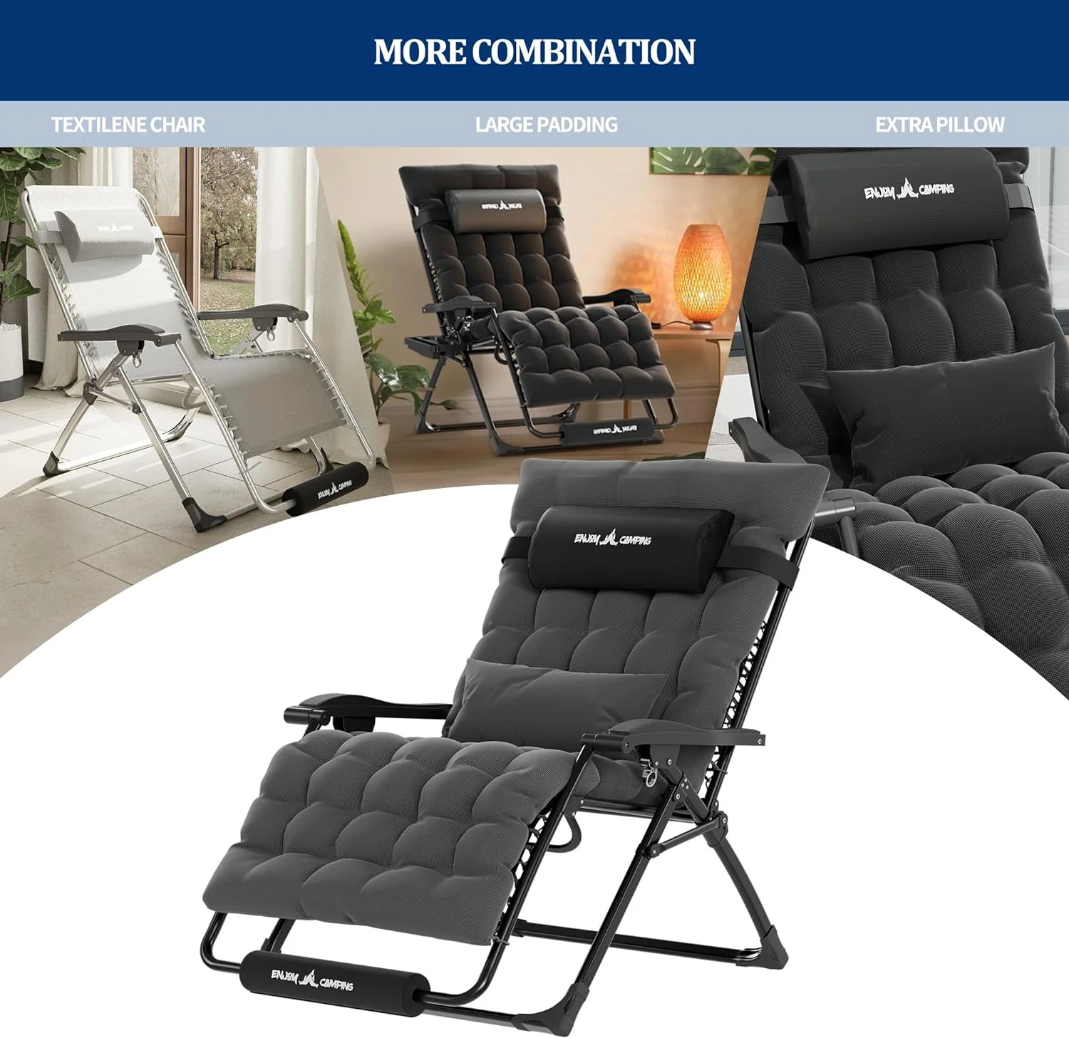 Poteban Oversized Zero Gravity Chair Set of 2, 33In XL Lawn Chair with Cushion,Support 500LB,Dark Gray