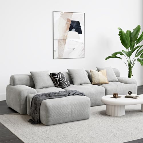 LIKIMIO 118" Modern L-Shaped Modular Sectional Sofa for Living Room, Corduroy Upholstery Green, Oversized 3-Seater Couch with Deep Seat and Movable Ottoman – No Assembly