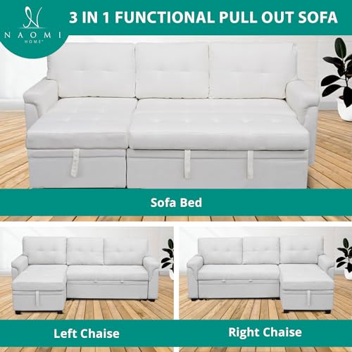Naomi Home Jenny Sectional Sofa Sleeper with Storage Chaise, Tufted Pull Out Couch with Storage, L-Shaped Reversible Sleeper Sofa with Storage, Black,Air Leather