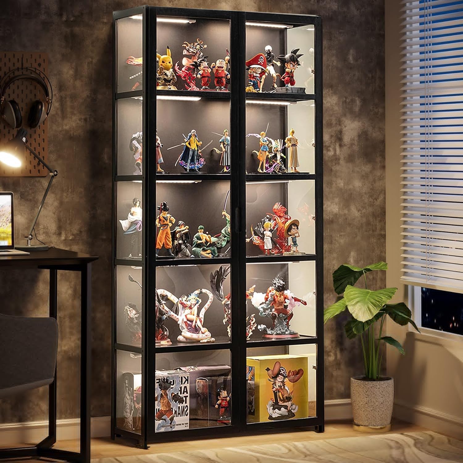 5-Tier Curio Display Cabinet, Storage Shelves with Acrylic Glass Door, Collectibles Toy Organizers Rack & Display Shelf, Kids Bookshelf and Bookcase for Playroom, Bedroom