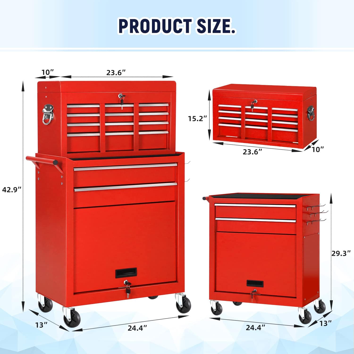 Tool Chest, 8-Drawer Rolling Tool Chest with Wheels, Detachable Red Metal Tool Cabinet with Lock Top Tool Box, for Garage, Warehouse, Workshops, Repair Shop