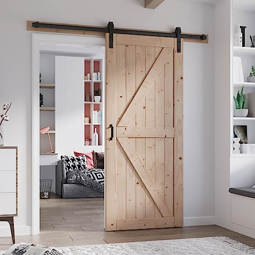 FREDBECK 48in x 80in Sliding Wood Barn Door with 8FT Barn Door Hardware Kit Included K Shape Solid Spruce Panel Sliding Door Double Surfaces Need to Assembly