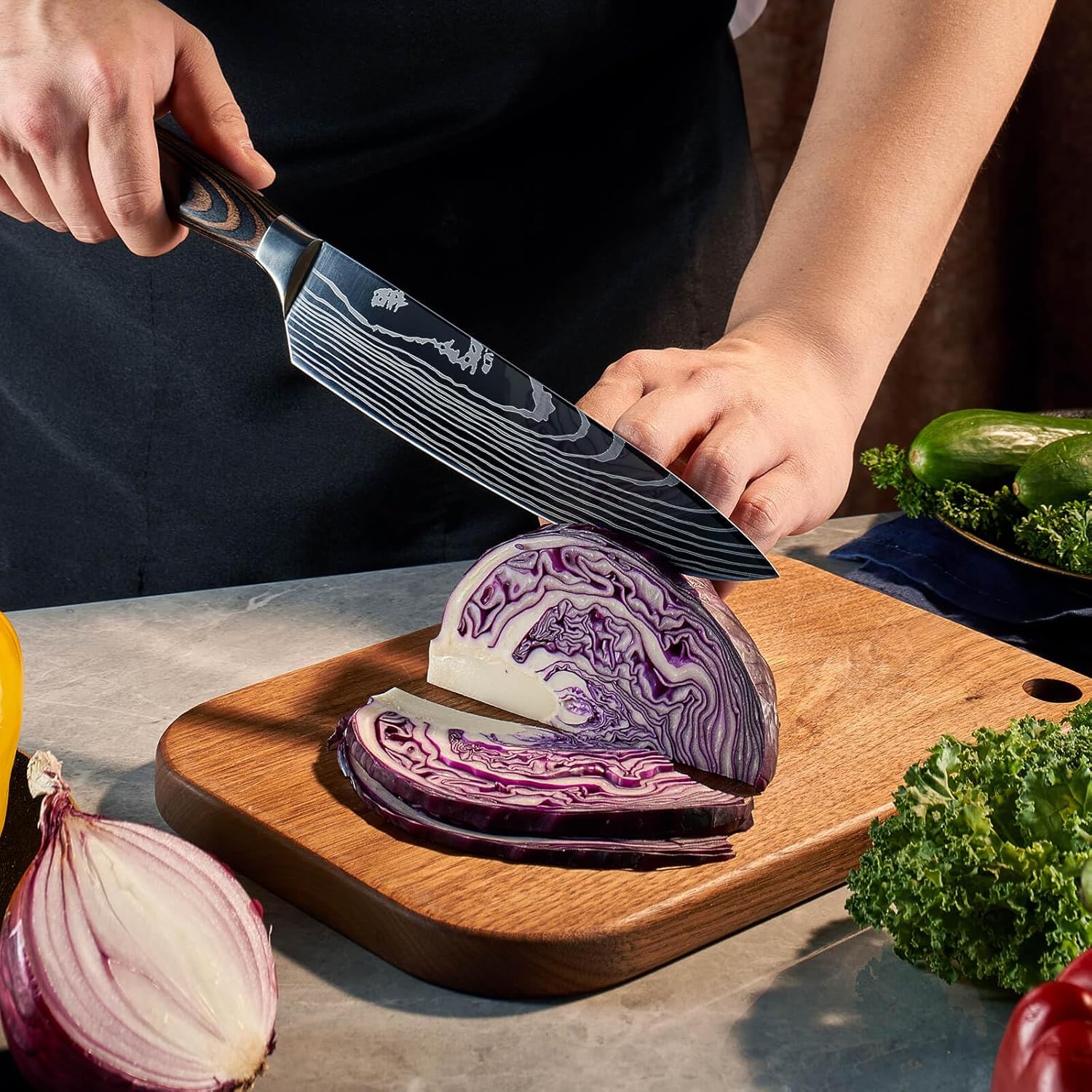 SENKEN 8-piece Premium Japanese Kitchen Knife Set with Laser Damascus Pattern - Imperial Collection - Ultra Sharp for Very Fast Cutting