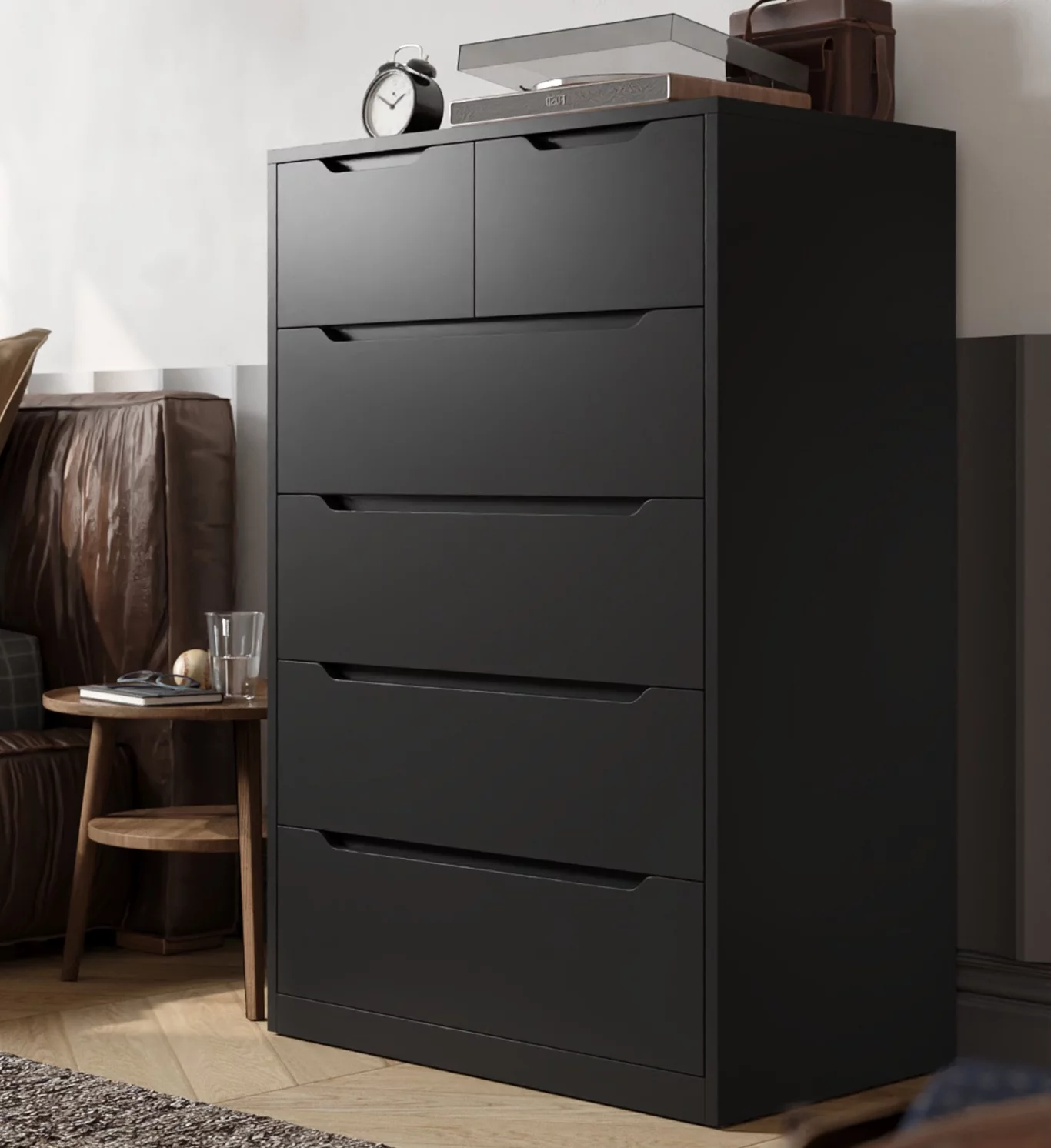 EnHomee Black Tall Dresser Wood 6 Drawer Dressers for Bedroom Wood Chest of Drawers with Smooth Metal Rail Large Dresser Modern Storage Cabinet for Home Office Living Room, 43.3"H x 27.5"L x 15.7"D