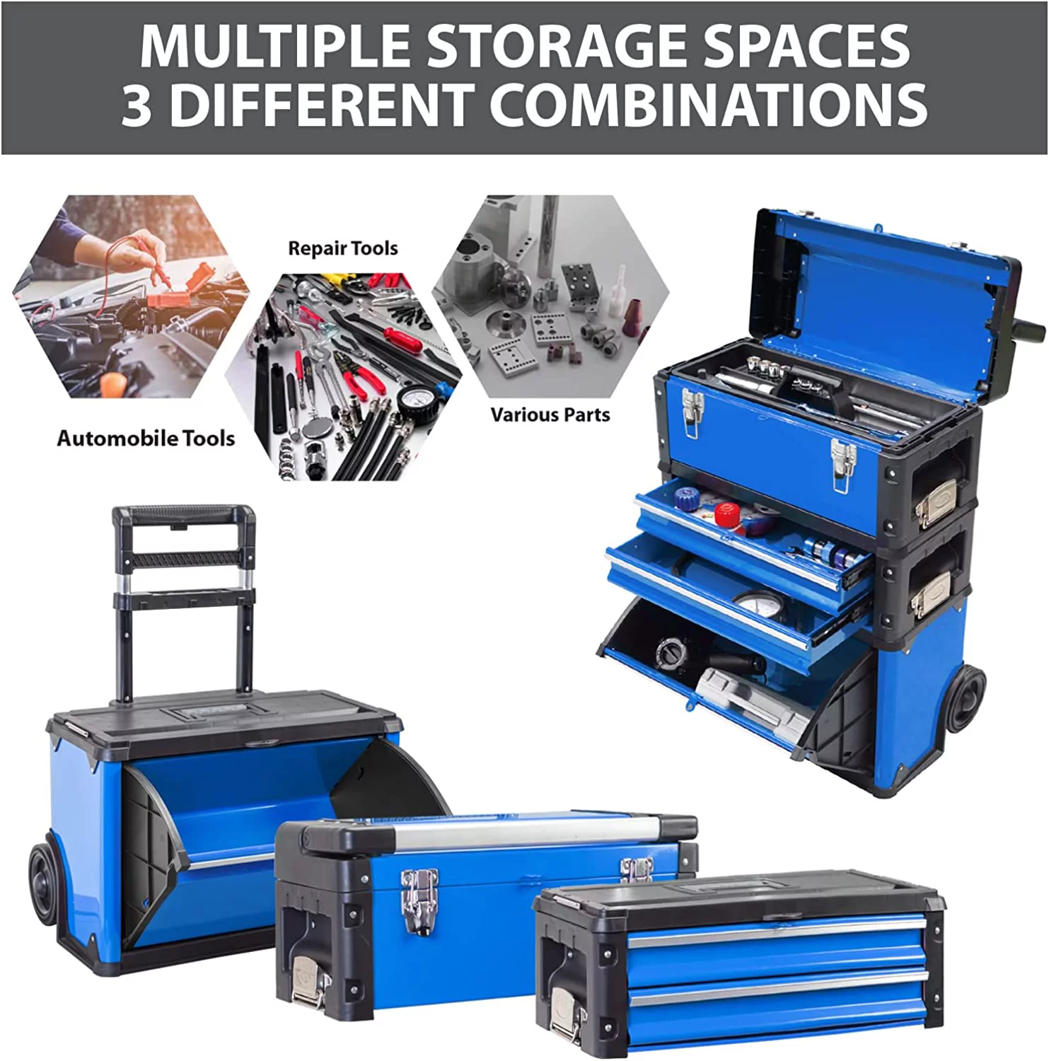 Big Red Rolling Tool Chest with Wheels Stackable Tool Storage Cabinet with 3 Drawers for Garage Workshop
