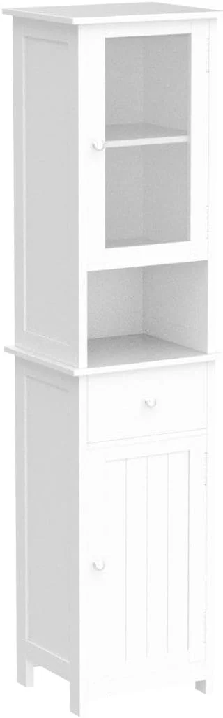 YINCHEN Tall Bathroom Floor Cabinet with Glass Doors, Narrow FreeStanding Storage Cabinet with Adjustable Shelf, Wooden Bathroom Storage Cabinet, Pantry with Drawer, White BMGZ105W