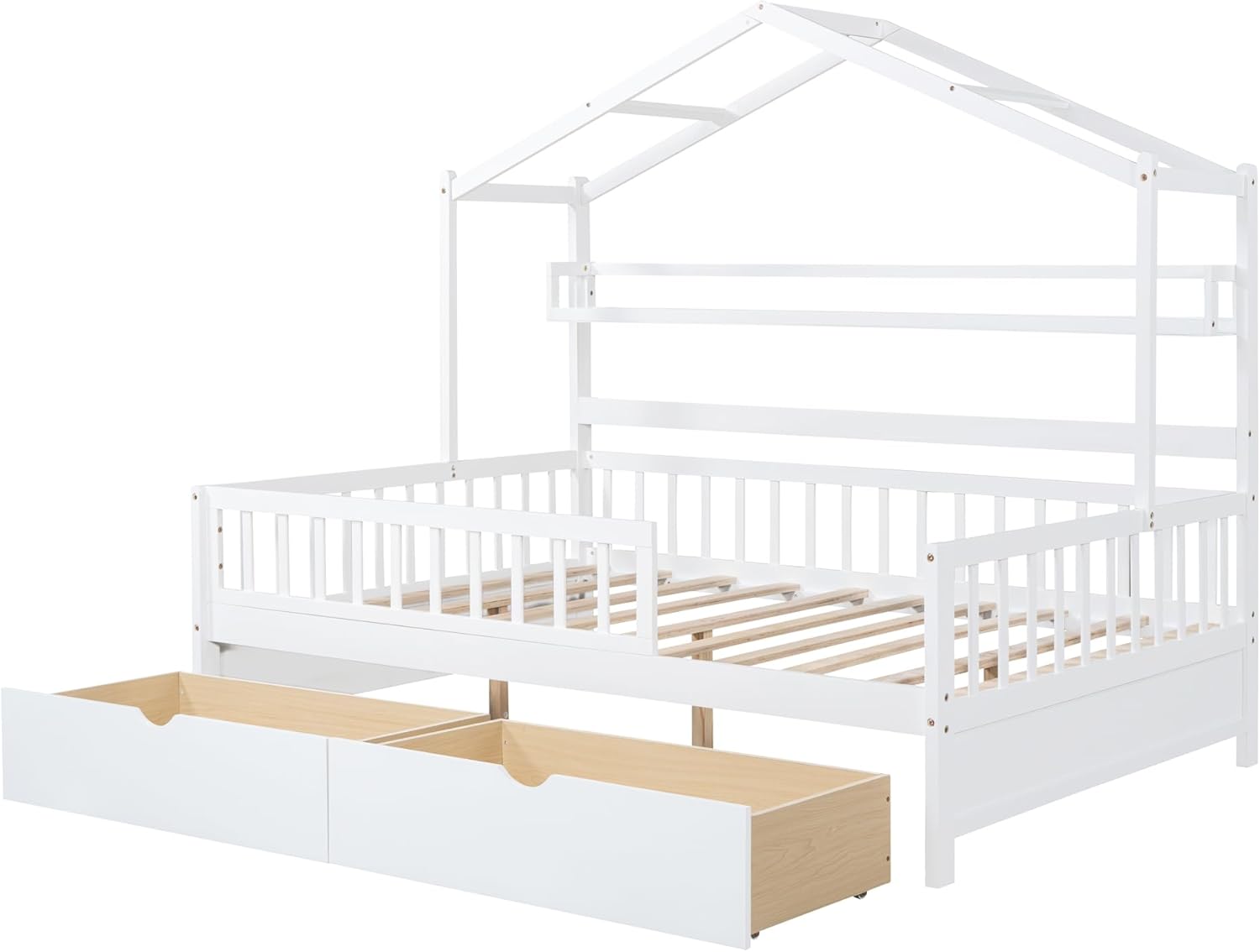 Wooden Full Size House Bed Frame with 2 Drawers and Storage Shelf, Platform Full Beds with Roof and Safety Gurduarls, for Kids, Boys, Girls, No Spring Box Needed, Easy Assemble