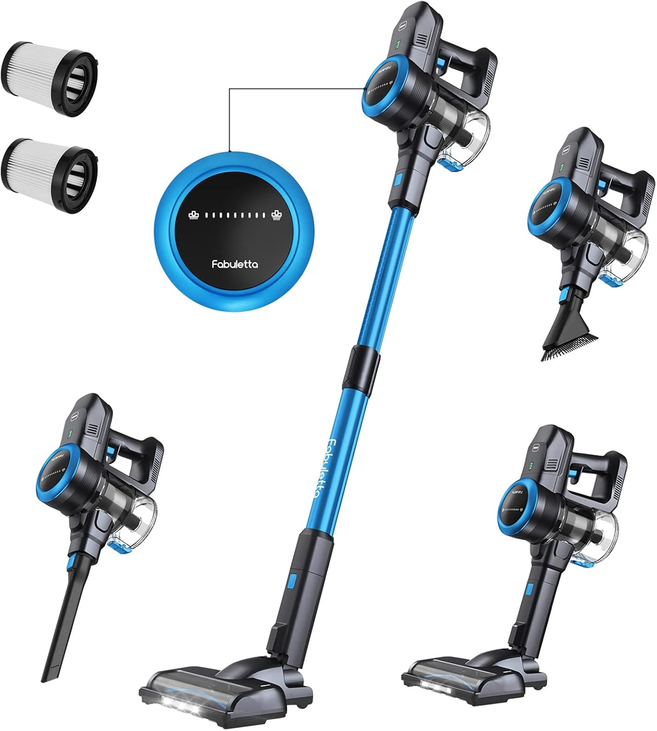 Fabuletta Cordless Stick Vacuum Cleaner, 24Kpa 250W Strong Suction, 6-in-1 Rechargeable Vacuum Cordless, 45 Min Max Runtime LED Display, Lightweight Carpet Hard Floor Vacuum for Pet Hair Home Car,Blue